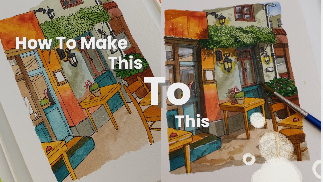 “Step By Step color shading tutorial : Watercolor Cafe Scene”