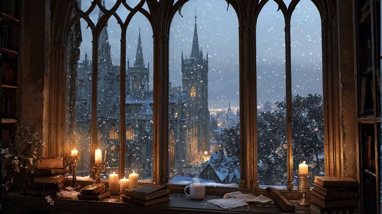 You’re Reading by a Snowy Gothic Window | Winter Dark Academia | Candlelight & Silence
