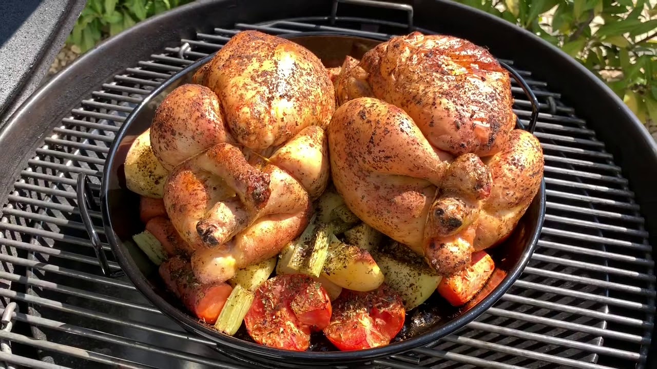Vergleich Dutch Oven und Gasgrill mit Maishähnchen und Gemüse