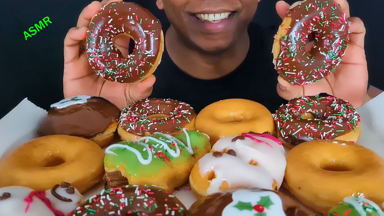 KRISPY KREME CHRISTMAS DONUTS EATING SHOW + ASMR EATING SOUNDS