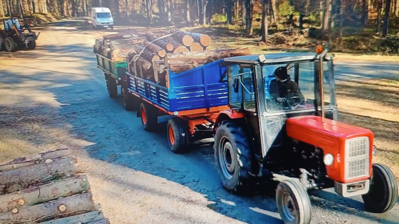 WYJAZD PO DRZEWO 3 PEŁNE PRZYCZEPY TRUPEK 43KM/H CASE 4230 WJAZD NA WIADUKT