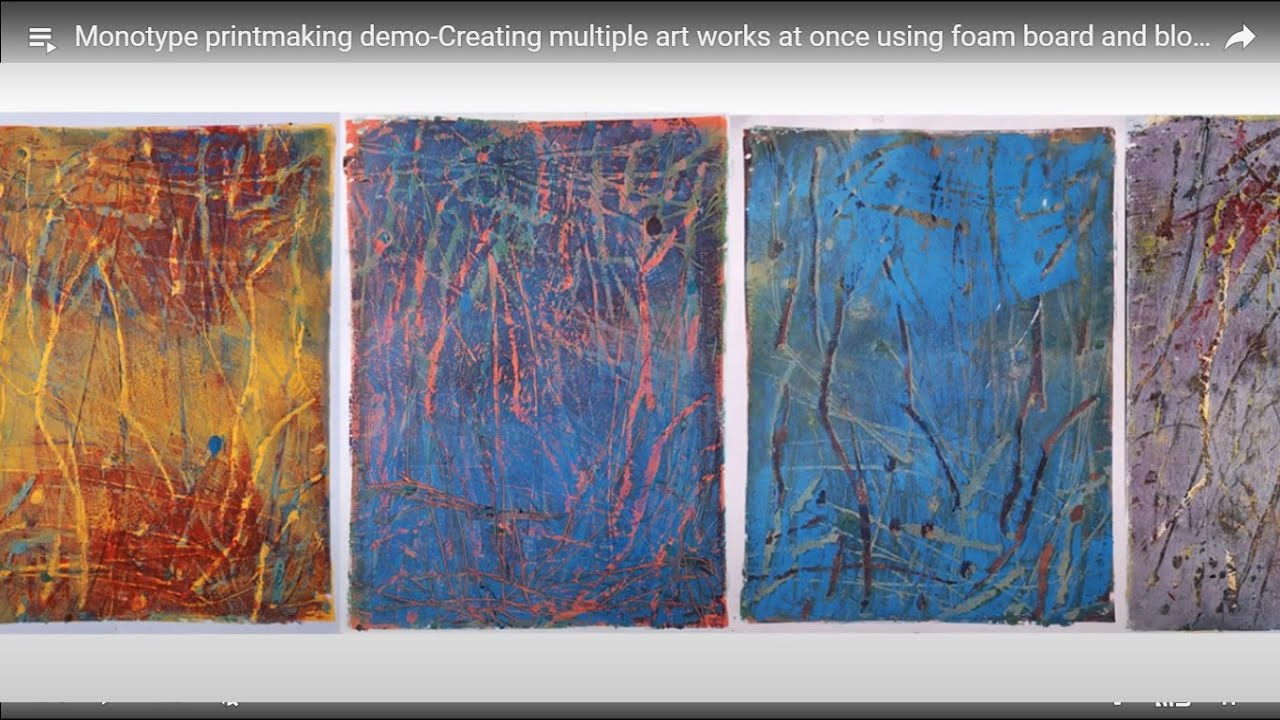 Monotype printmaking demo-Creating multiple art works at once using foam board and block print inks.