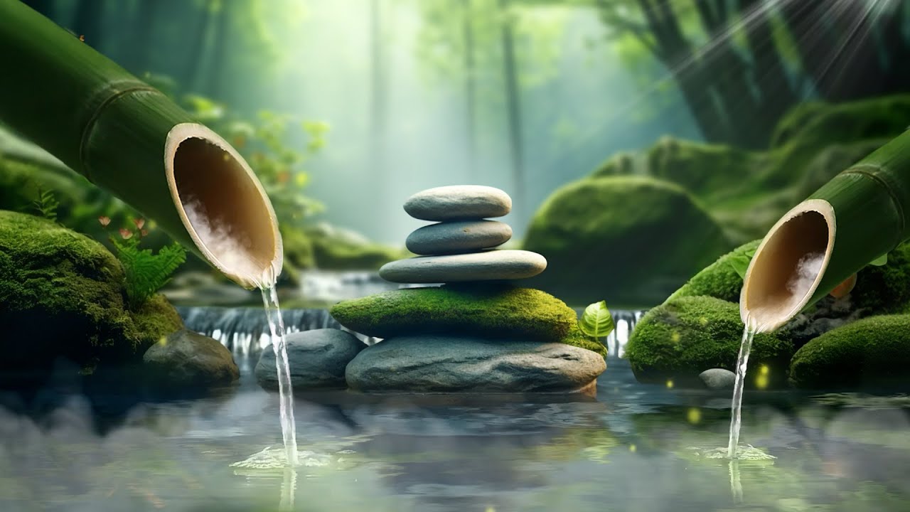 Bamboo Water Fountain + Healing Piano Music | Meditation Space for Deep Sleep, Stress Relief, Relax
