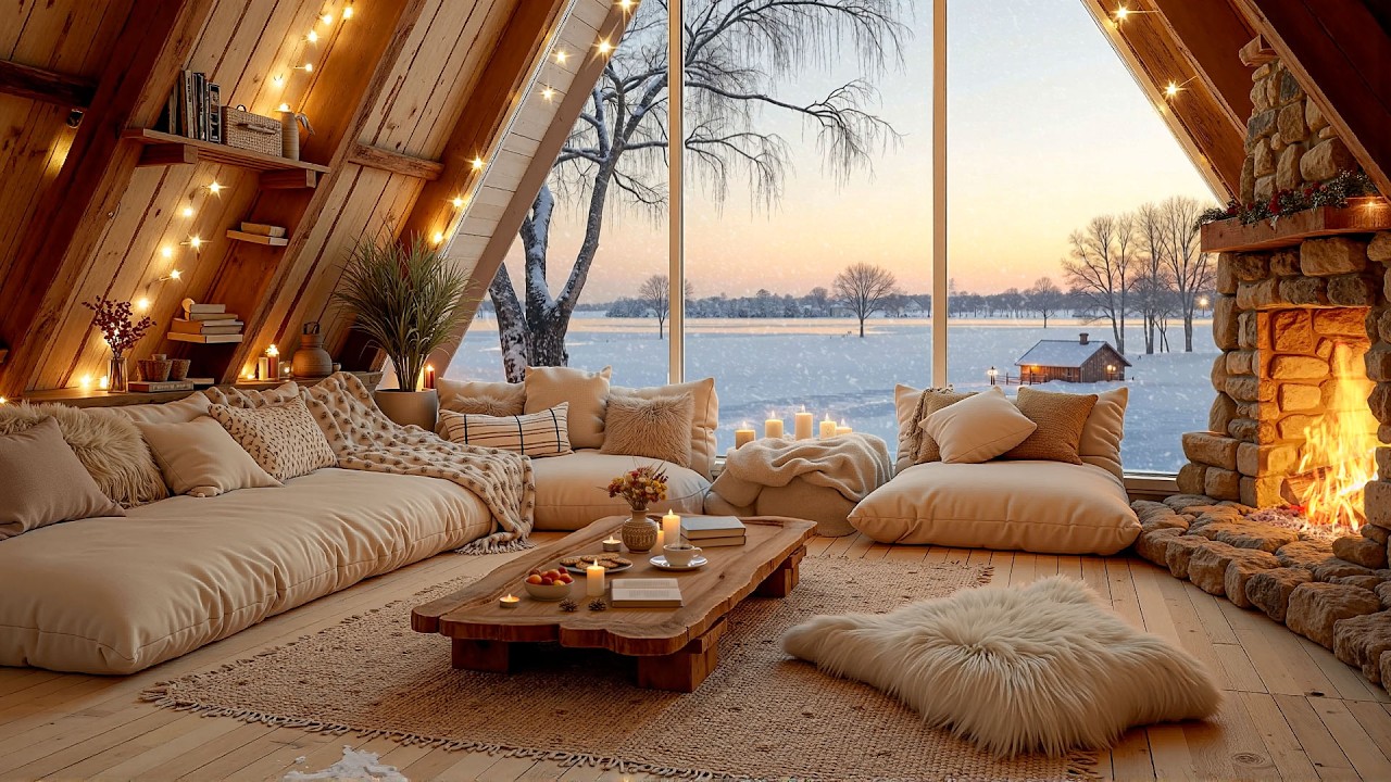 Snowy Dusk in a Hygge Cabin Fireplace Jazz ☕ Warm Jazz Music for Deep Relaxation & Peaceful Evenings