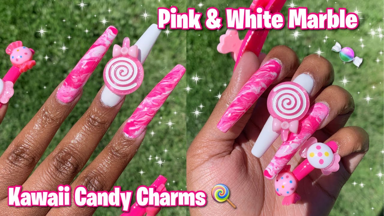 Pink Marble Candy Kawaii Charms Nails | Après Dupe Method | How To Marble Gel Polish