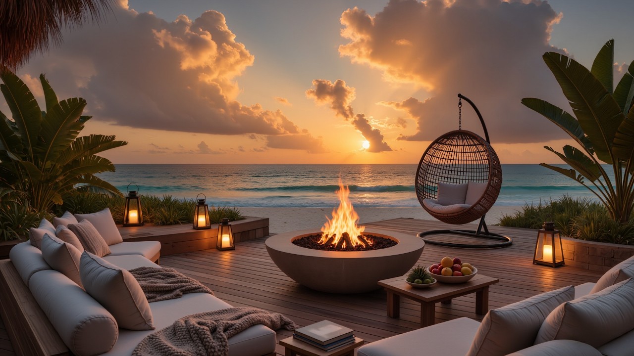 Beach Fire Pit Sunset 🔥🌊 Relaxing Ocean Waves & Crackling Fire for Sleep