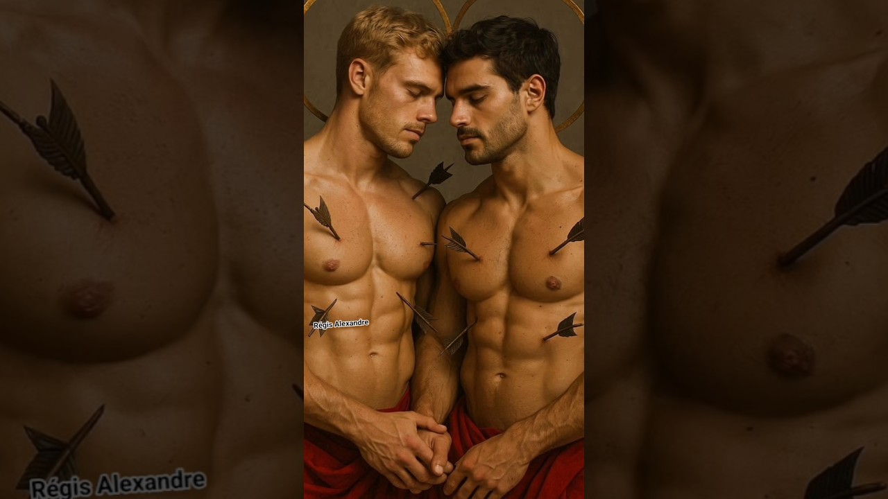 Gay couple Saint Sebastian holding hands faces close S&atilde;o Sebasti&atilde;o Santo