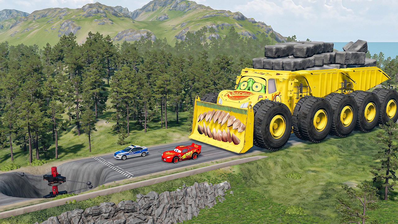 Giant ROCK DUMP TRUCK McQueen VS Cars Lightning McQueen & Police Car Downhill Race - Beamng.Drive