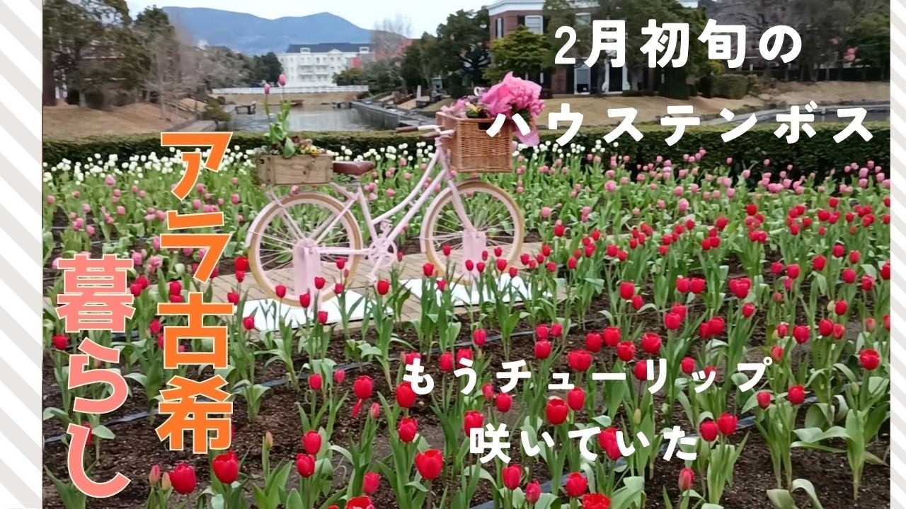 ハウステンボス2月初旬　チューリップ　ホテルデンハーグ　朝食バイキング　九州の味フェアー　お花の手入れをしてくれる人々