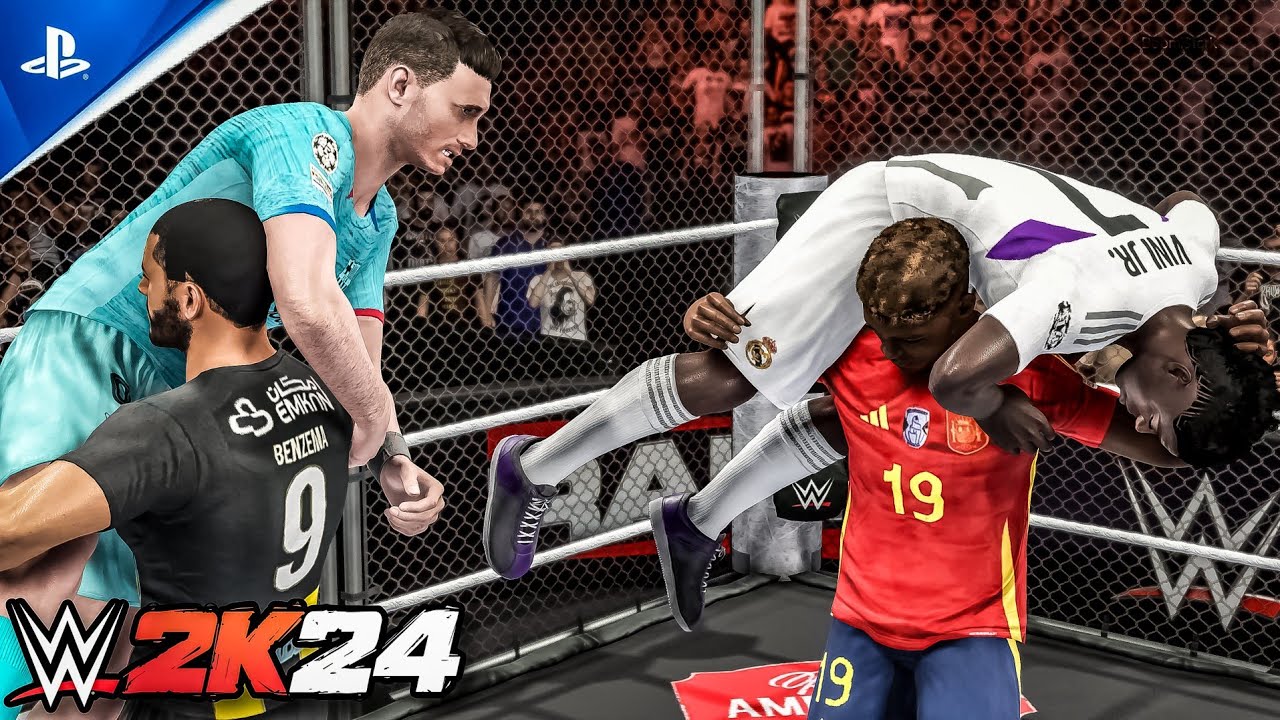 WWE 2K24 - FOOTBALLERS STEEL CAGE MATCH | Vini Jr vs. Lewandowski vs. Benzema vs.Yamal | FATAL 4 WAY