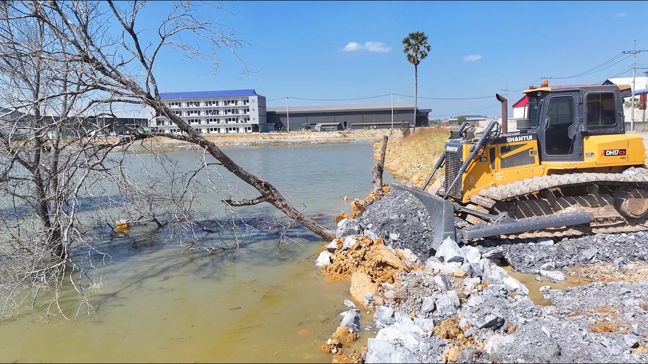 Full Video!! The Project Filling Rock Complete 100% By Dozer SHANTUI C3 And DumpTruck 25TON