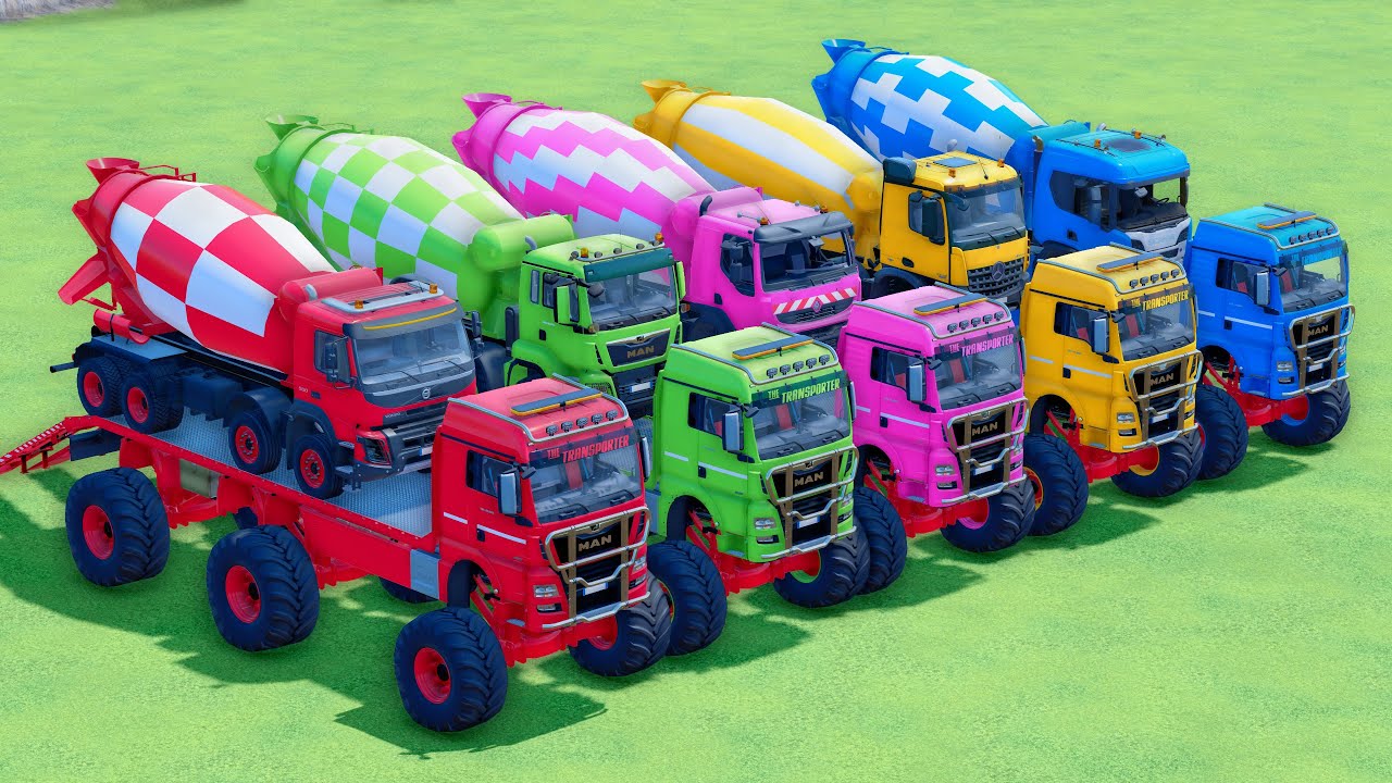 TRANSPORT OF COLORS - ALL MIXER TRUCK WITH DOUBLE FLATBED TRAILER TRUCK, MAN, VOLVO, SCANIA - FS22