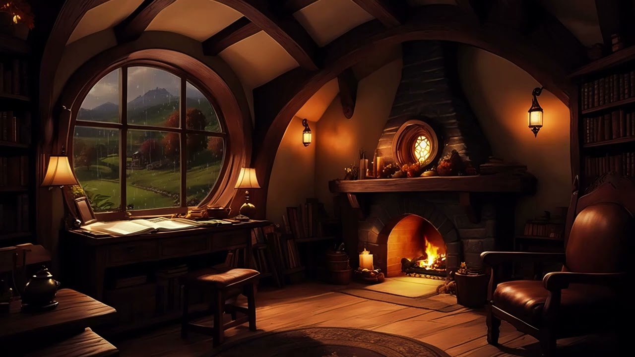 The Hobbit - Bilbo Baggins Home on a Rainy Day - Cozy Fireplace Ambience