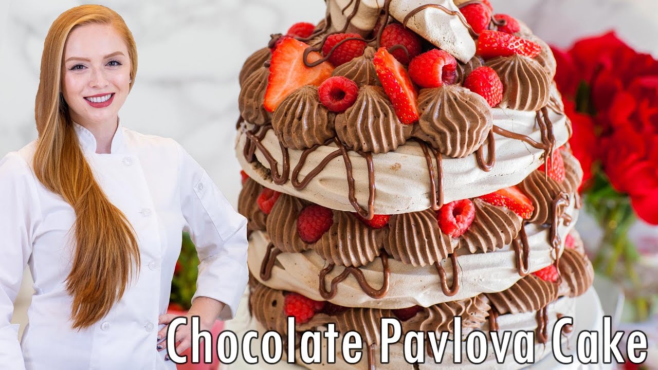Stunning Chocolate Pavlova Cake Recipe!! With Chocolate Whipped Cream & Berries!