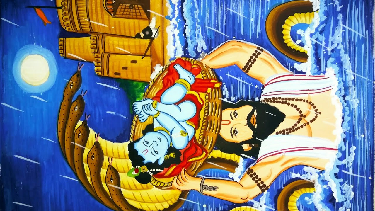 Janmashtami special painting of lord vasudev carrying little Krishna / Krishna painting