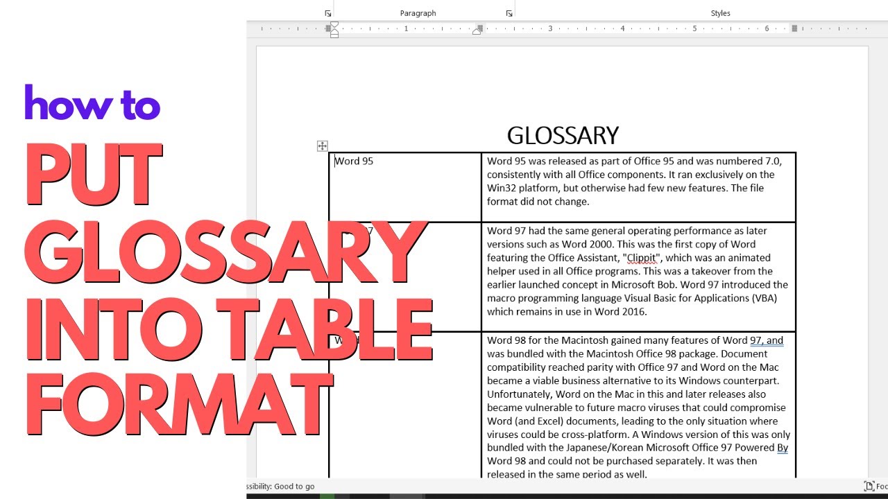 HOW TO PUT GLOSSARY INTO TABLE FORMAT OR INTO A TABLE in Microsoft Word