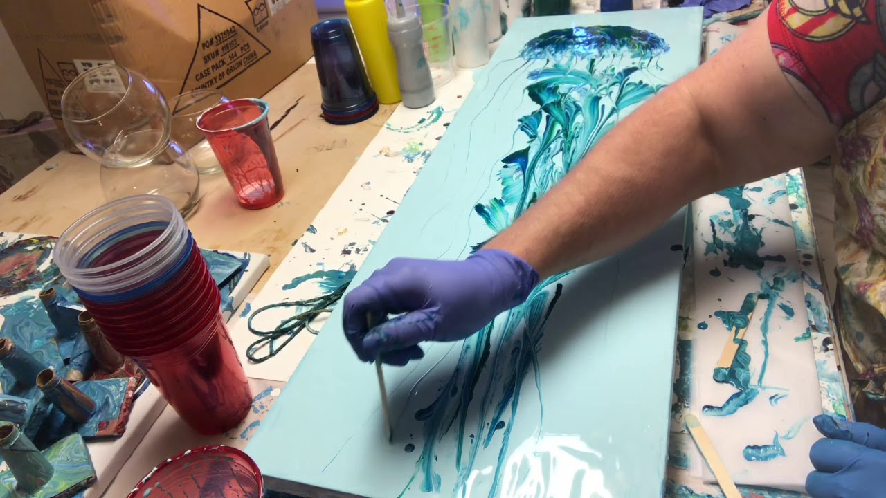#27 Blue and Green Jellyfish - Acrylic Pour Fluid Art - Studio Time with Penny FireHorse