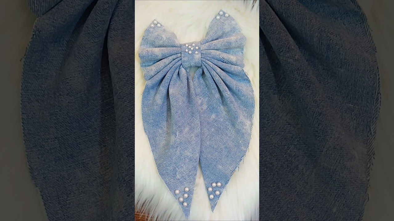 DIY long tail hair bow from old denim jacket recycle denim #recyclecraftideas ##oldjeansreuse #bow