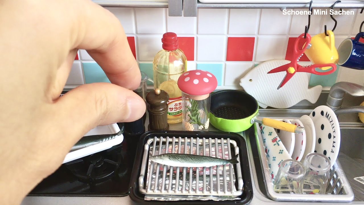 Mini Toy Food Cooking | Re-Ment Mini Kitchen | Toy Miniatures | Grilled Fish & Noodle Soup
