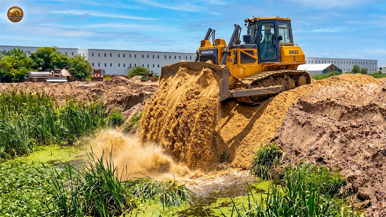 Nicely Completed Sand Filling with Shantui DH17C2 Dozer and Dump Truck Teamwork.
