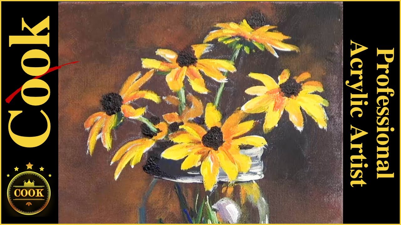 How to Draw and Paint Black Eyed Susans in A Glass Mason Jar in Acrylics For Beginners