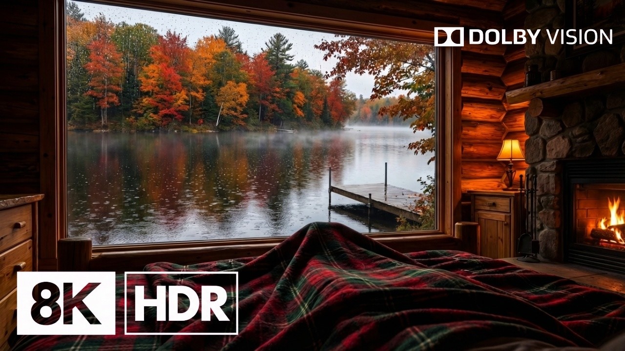 8K Rainy Autumn Lake Cabin Ambience 🍂🌧️ – 2 Hours of Fireplace & Gentle Rain