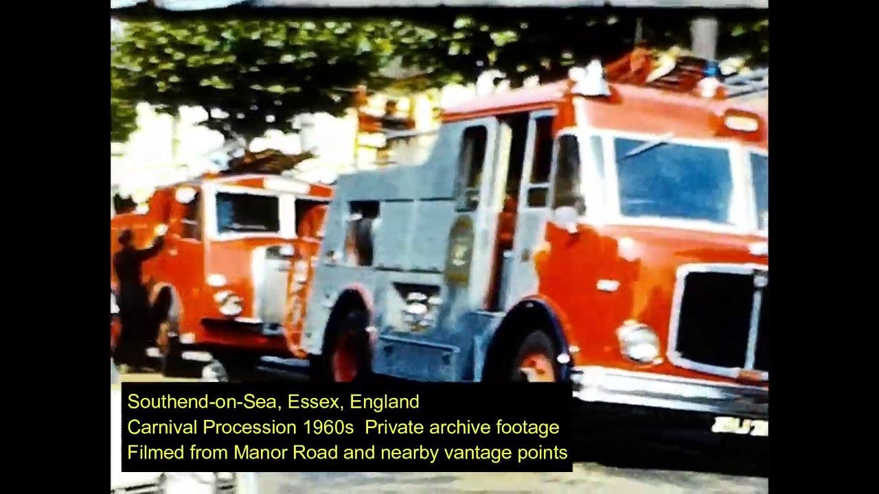Southend on Sea  Carnival Procession 1960s sixties' floats, fire brigade, marching bands on seafront