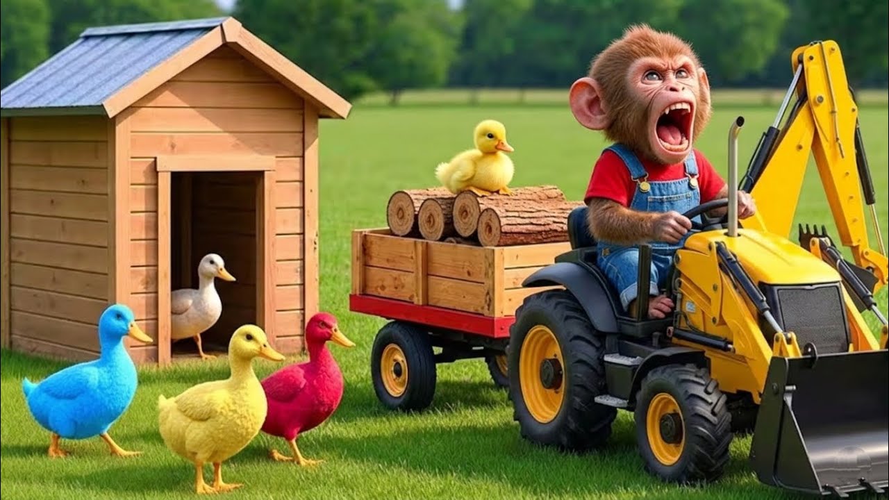 Monkey Nana the JCB Tractor Excavator to Rescue the Missing Duckling | A Surprising Farm Adventure!!