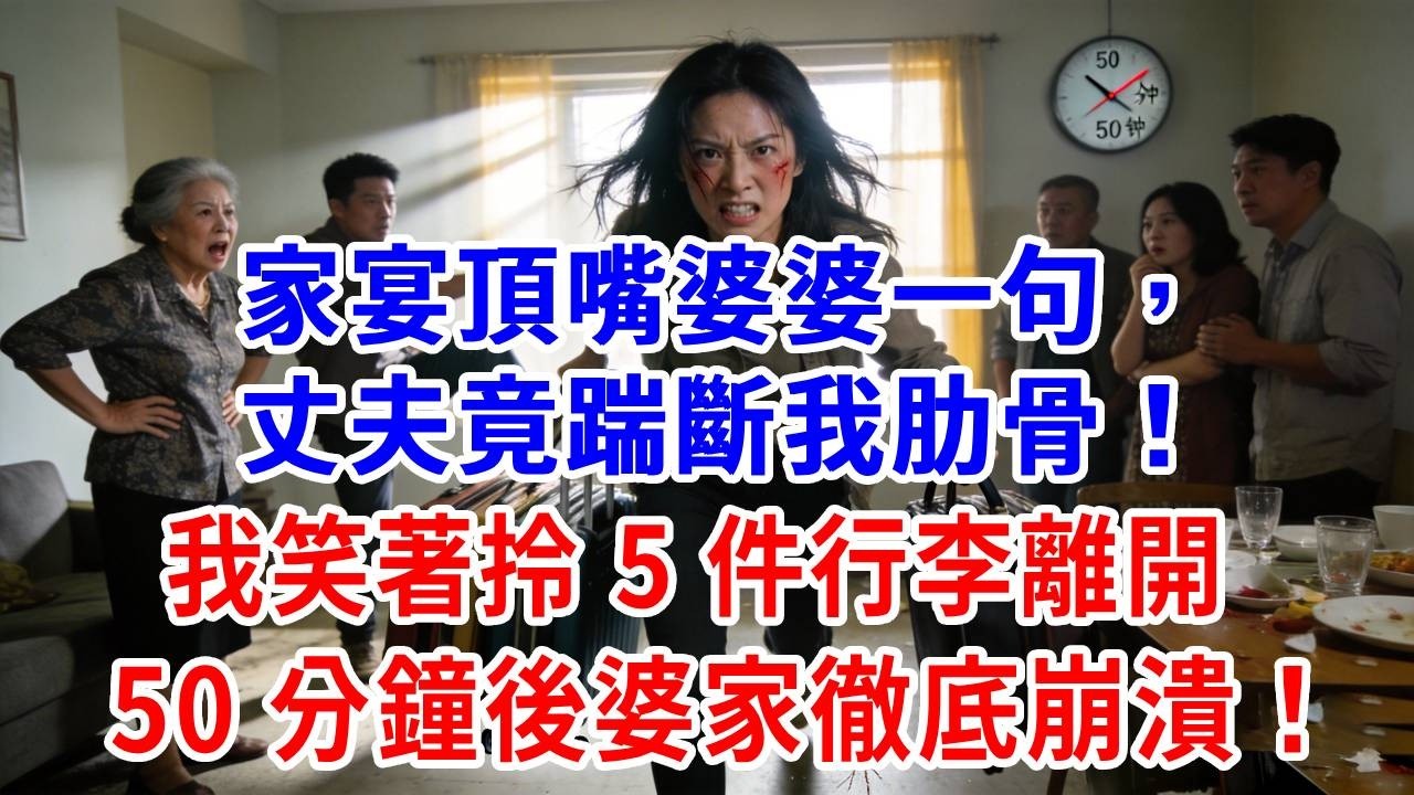 家宴頂嘴婆婆一句，丈夫竟踹斷我肋骨！我笑著拎 5 件行李離開，50 分鐘後婆家徹底崩潰！