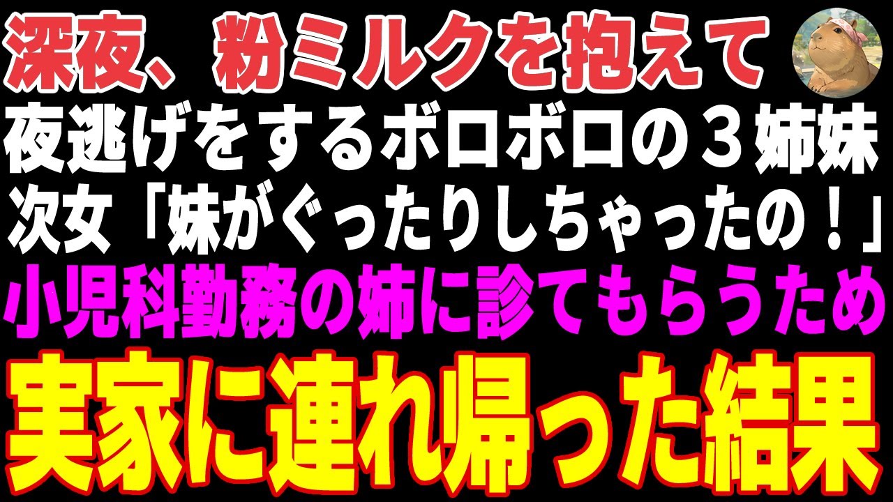 【感動する話】深夜、終電で帰宅中、粉ミルクを抱えて夜逃げをするボロボロの３姉妹に遭遇→小児科医の姉に診てもらうため実家に連れ帰った結果【朗読・スカッと】