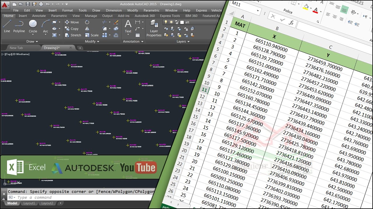 طريقة ادخال النقاط دفعة واحدة بالإحداثيات الصحيحة مع اظهار المناسيب والأرقام من Excel الى Autocad