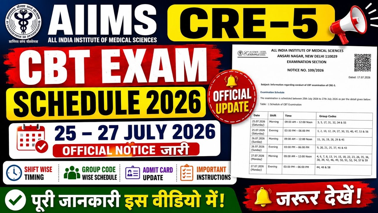 AIIMS CRE-5 CBT Exam Schedule 2026 Released | AIIMS CRE 5 Exam Date & Shift Timing | Official Notice