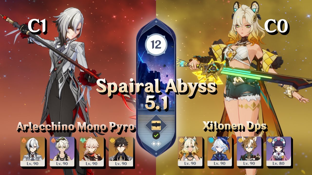 Genshin Impact Abyss 5.1 Arlecchino C1 Mono Pyro & Xilonen C0 Dps | Floor 12 9 Stars