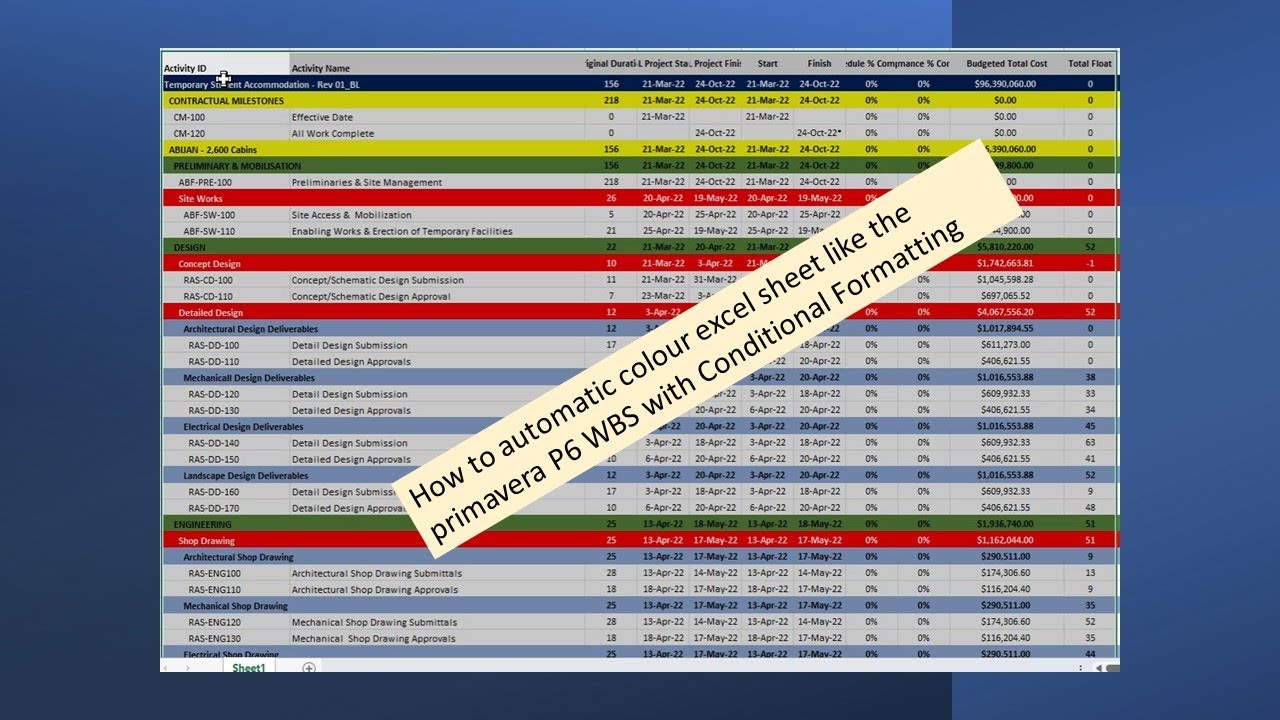 How to automatic colour excel like Pimavera P6 WBS using Conditional Formatting