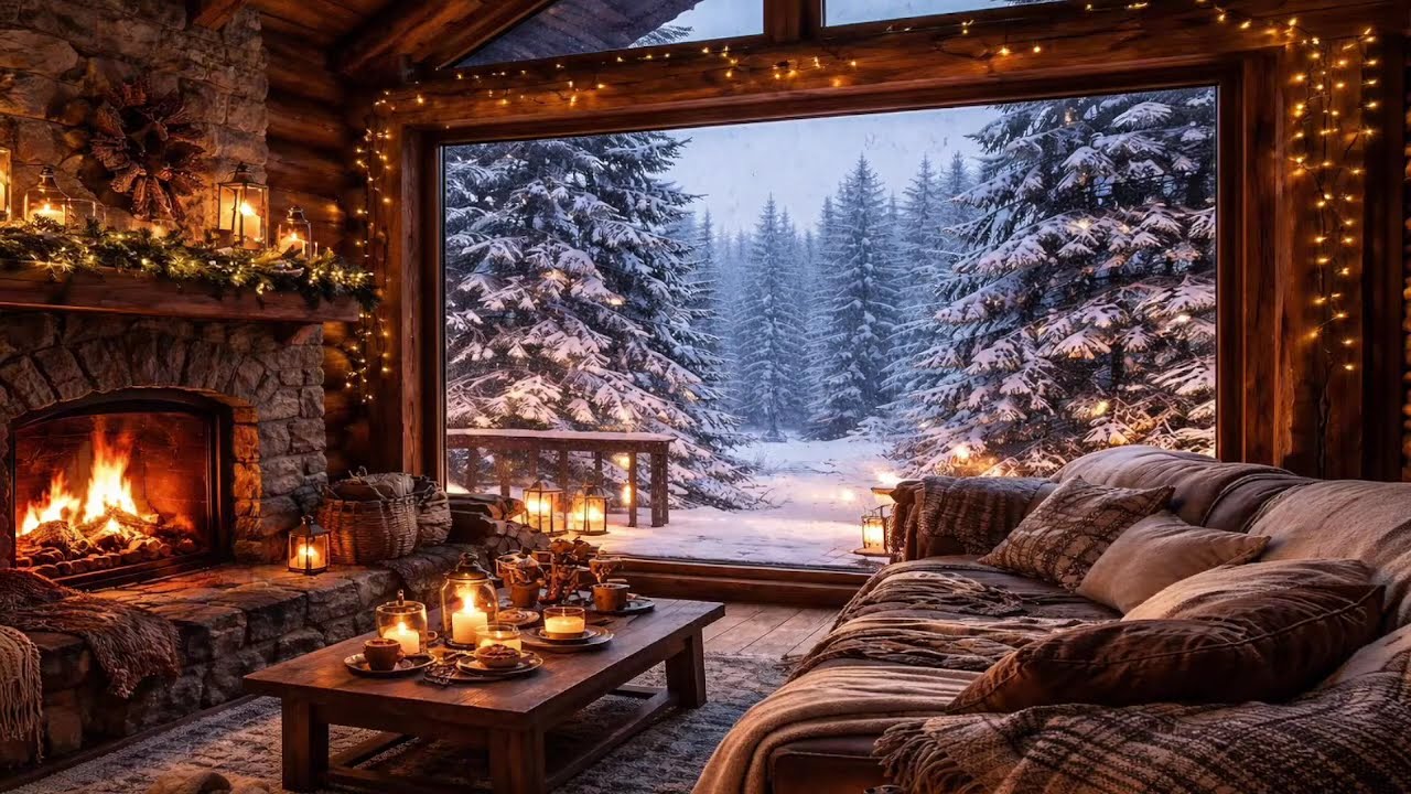 Live Snowy Winter Cabin ❄️ Cozy Fireplace & Falling Snow Ambience