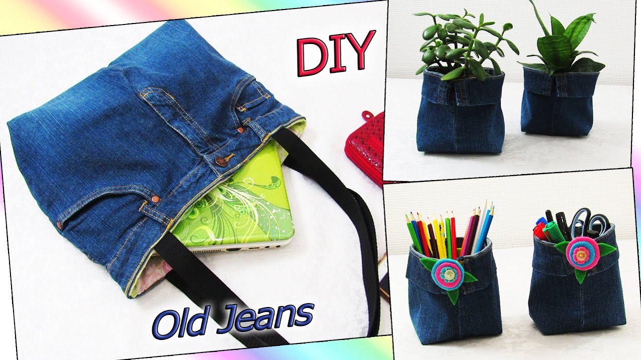 DIY Simple Ideas Out Of Old Jeans - How To Make Casual Hand Bag Purse And Baskets-Organizers