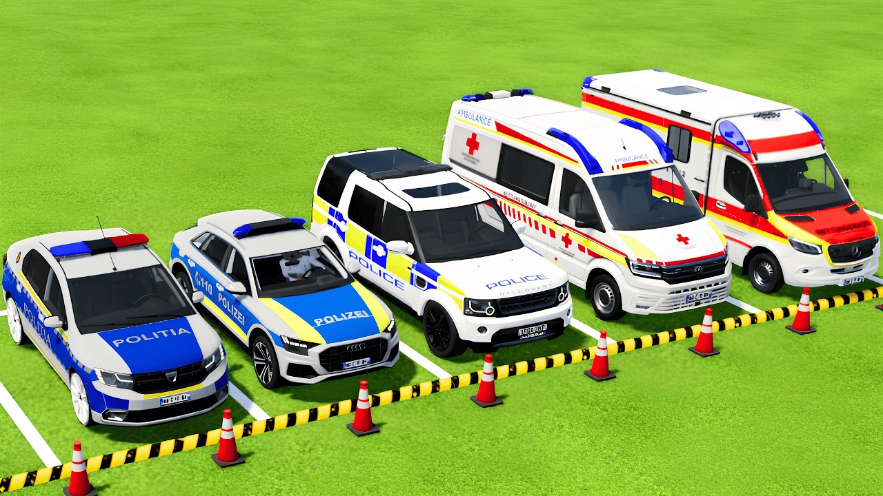 TRANSPORTING ALL POLICE CARS & AMBULANCE EMERGENCY VEHICLES WITH MAN TRUCKS ! Farming Simulator 22