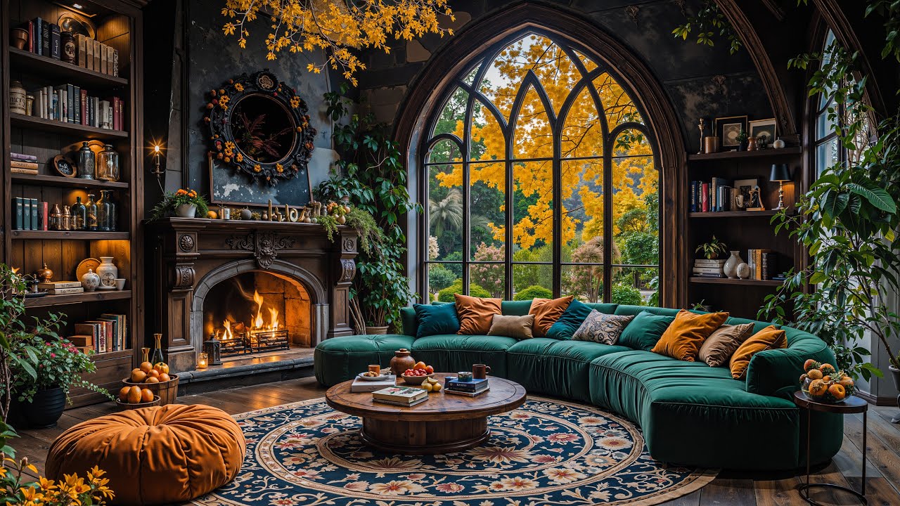 Autumn Fireplace Jazz at Gothic Lounge 🍂 Smooth Jazz & Peaceful Garden View for Study