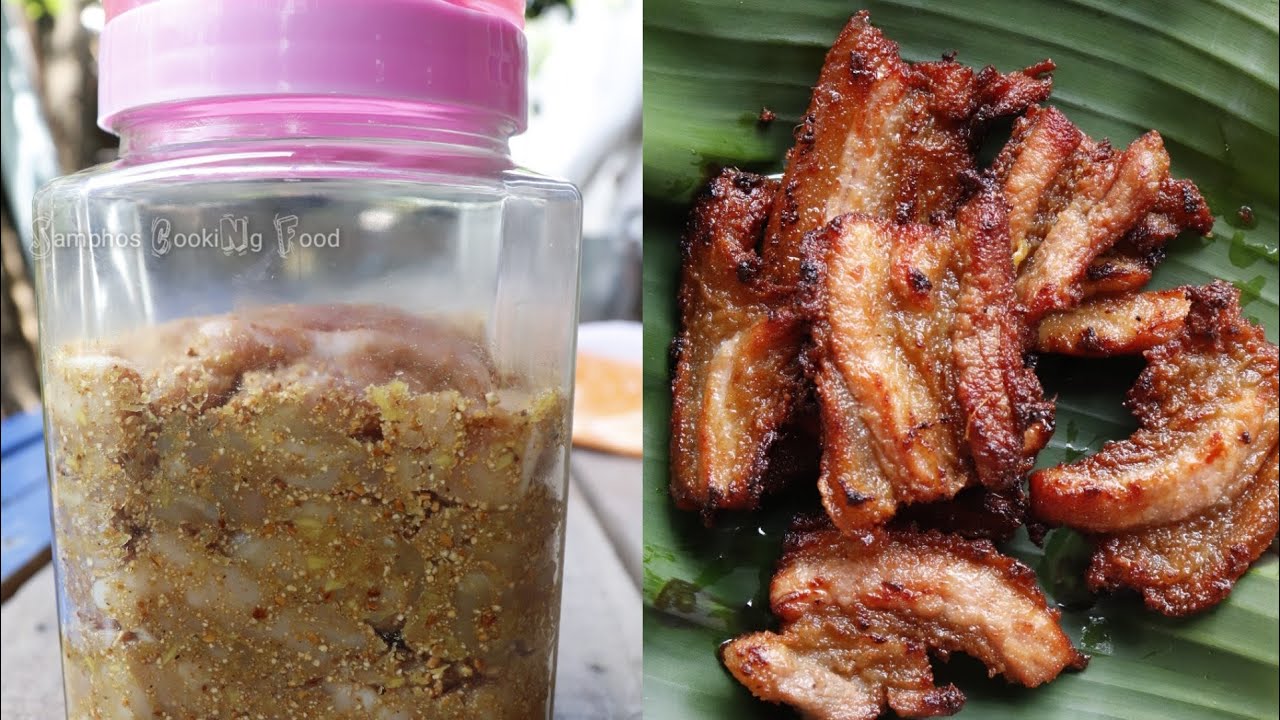 របៀបធ្វើផ្អកសាច់ជ្រូកបីជាន់ - Fermented Pork Belly | Samphos Cooking Food