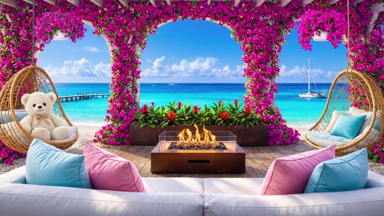 Spring Jazz by the Fireplace 🌸 Luxury Tropical Beach Lounge | Study, Work & Relax