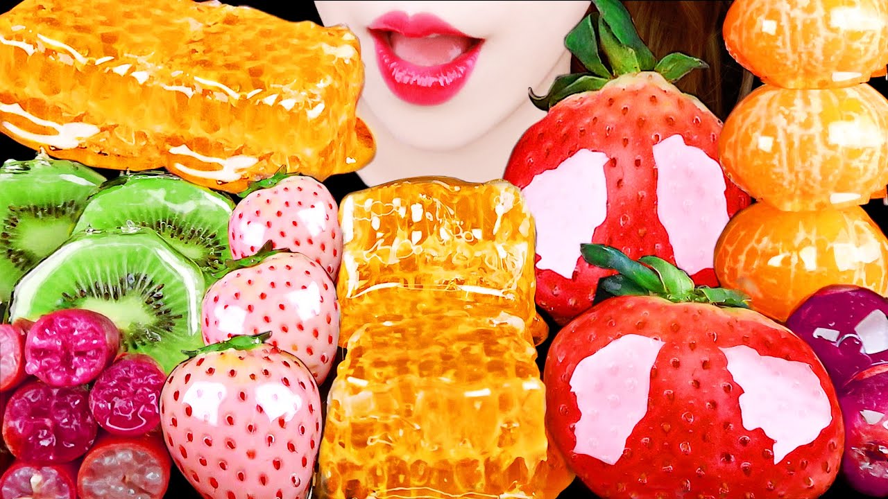 ASMR TANGHULU *FINGER LIME, HONEY COMB, SNOW STRAWBERRY, CANDIED FRUIT EATING SOUNDS MUKBANG 먹방 咀嚼音