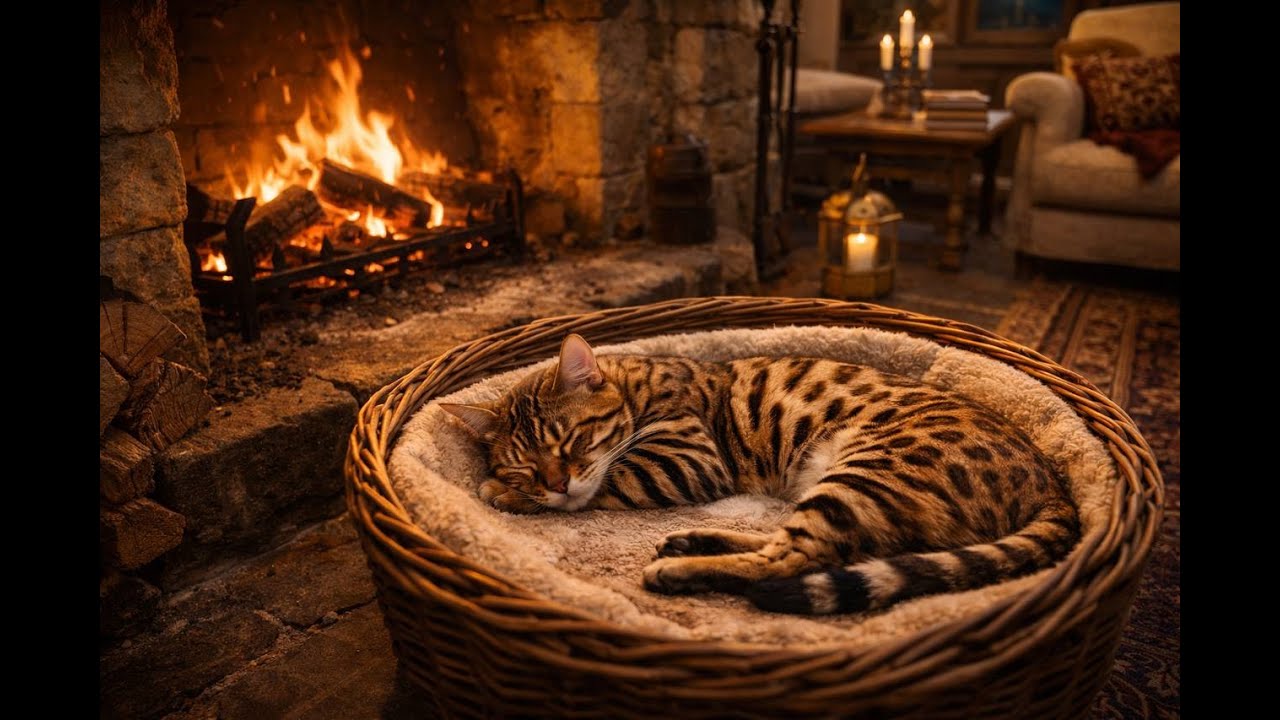 Cozy Night by the Fire: Sleeping Bengal Cat 🐱🔥 Fireplace Ambience for Relax & Unwind