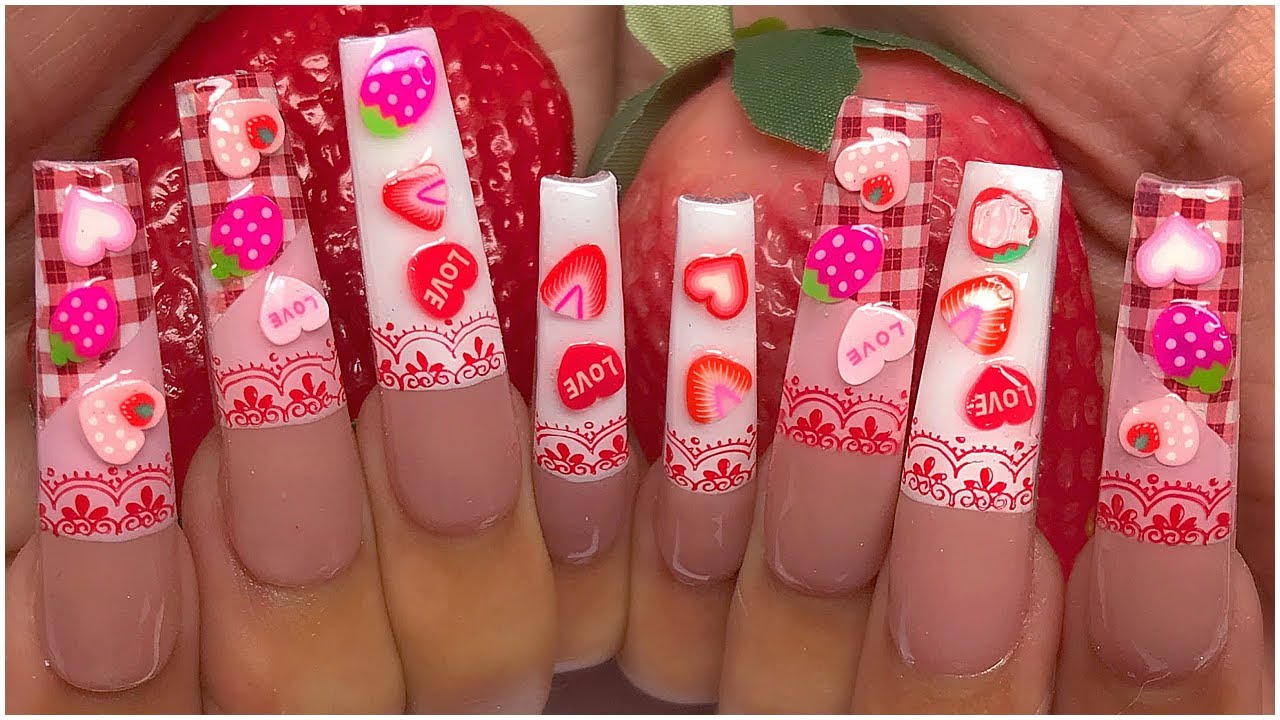 🍓Strawberry Shortcake Kawaii Nail Art HOW TO French Lace Gingham Print🍓