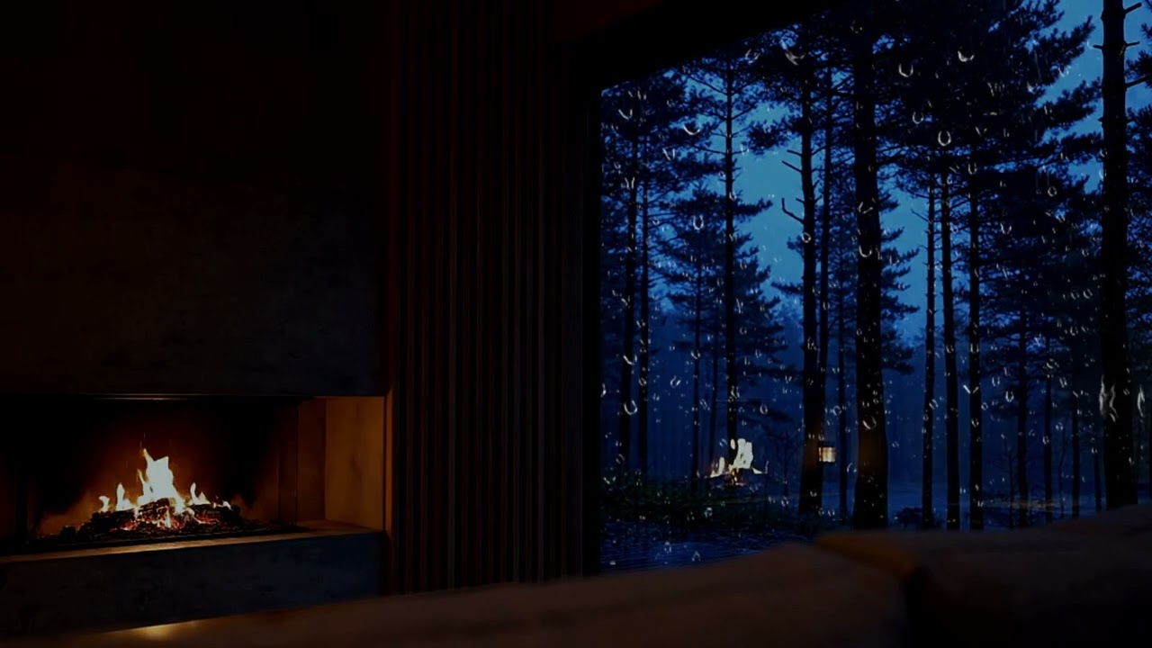 Rainy Night at Cozy Minimalist Bedroom - Fireplace & Rain Against Windows for Sleep & Relaxation
