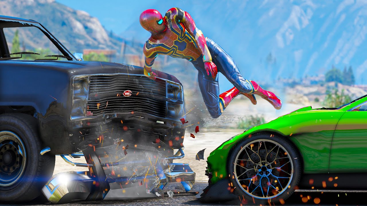 GTA 5 Iron Spiderman Car Crashes - Spider-Man Ragdolls #5 (Euphoria physics)