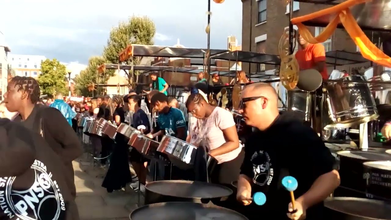 NOTTING HILL CARNIVAL PANORAMA DAY  PAN NATION STEEL ORCHESTRA   BASS SECTION VIEW " 2023