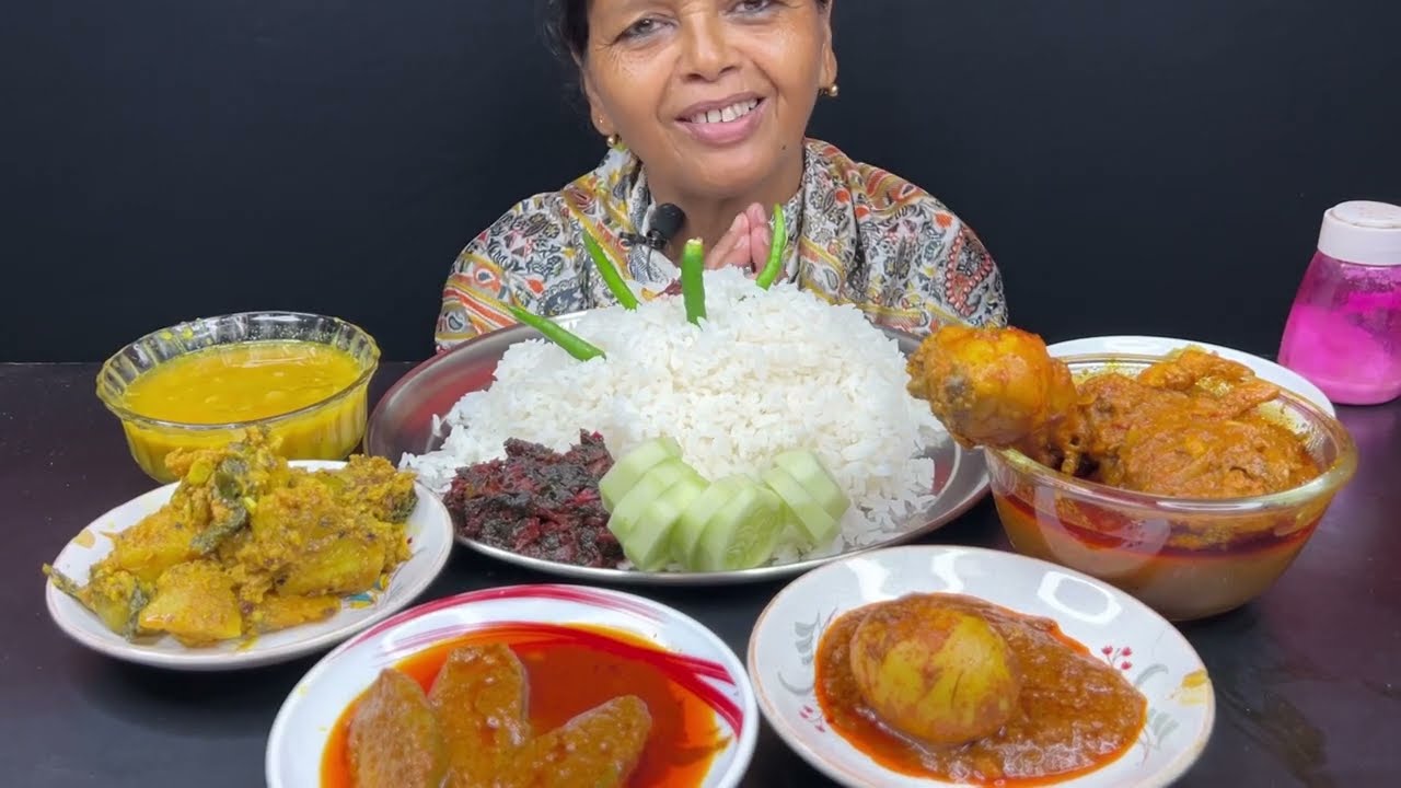 BIGBITES, EATING SPICY CHICKEN KOSHA, EGG KOSHA, TEL POTOL, DAL, HUGE RICE।।