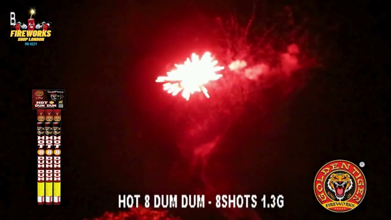 Hot 8 Dum Dum 8 Shots | Pack of 3x8 | Roman Candles | Golden Tiger Fireworks | Fireworkshoplondon