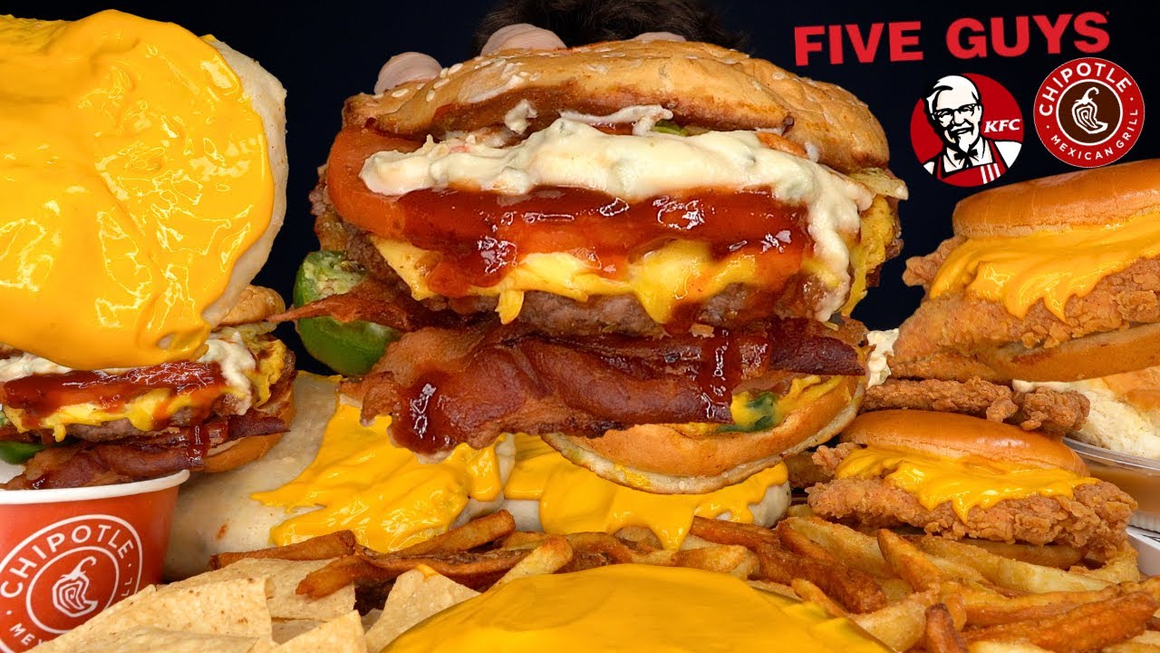 ASMR MUKBANG KFC FIVE GUYS BURGERS CHIPOTLE GIANT BURRITOS CHICKEN & FRIES | WITH CHEESE