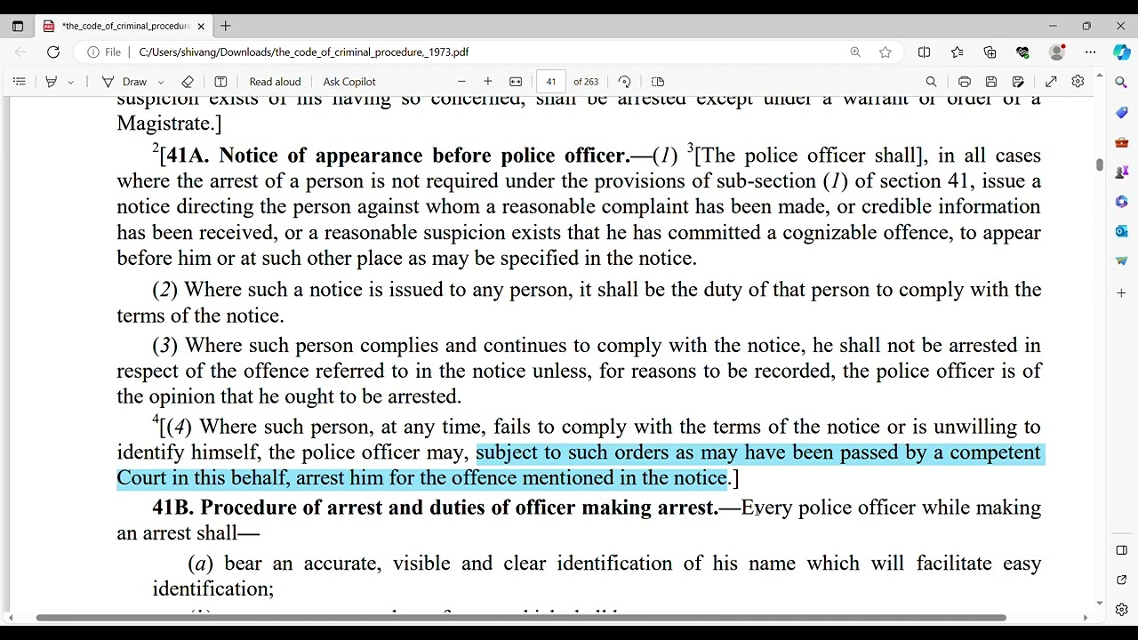Section 41A and 41B Crpc. Procedure for arrest, Notice of appearance before police officer. #pcsj